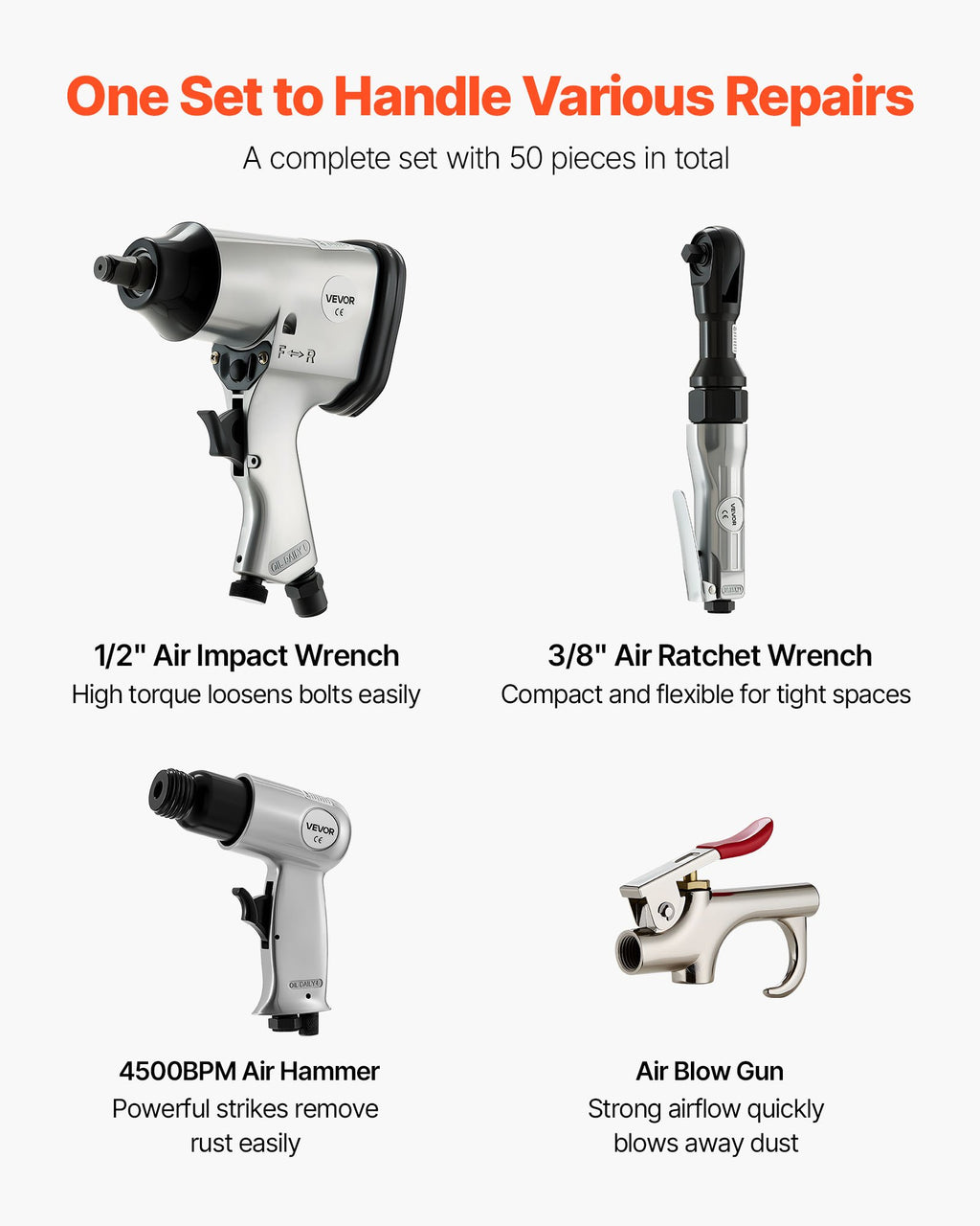 50 Pieces Pro Air Tool And Accessories Kit - 1/2" Air Impact Wrench, 3/8" Ratchet Wrench, 4500BPM Hammer, Blow Gun & Full Accessories For Auto Repairs, Home DIY Projects - With Storage Case
