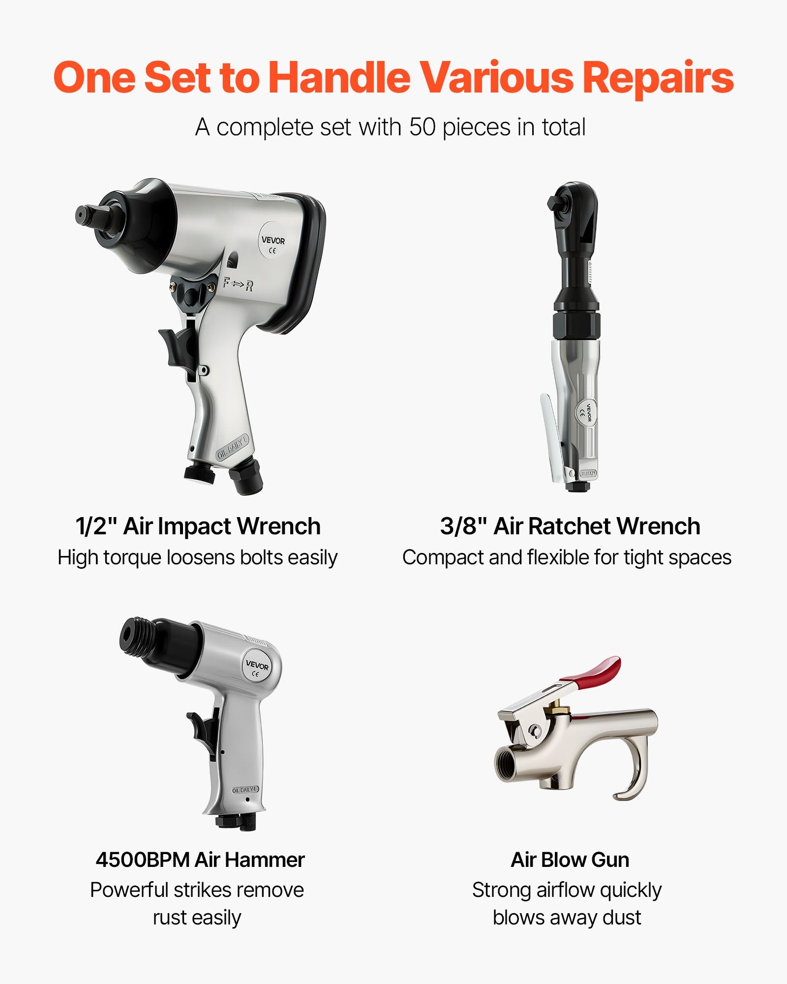 50 Pieces Pro Air Tool And Accessories Kit - 1/2" Air Impact Wrench, 3/8" Ratchet Wrench, 4500BPM Hammer, Blow Gun & Full Accessories For Auto Repairs, Home DIY Projects - With Storage Case